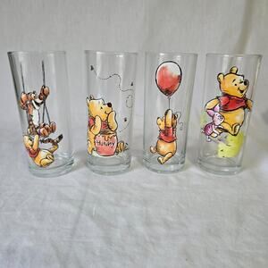 Disney Winnie the Pooh 10oz Pooh Piglet Tigger Glass Tumblers Set of 4, 6" EUC
